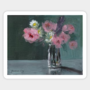 Pink Roses Daisies and Lavender in Glass Vase Sticker